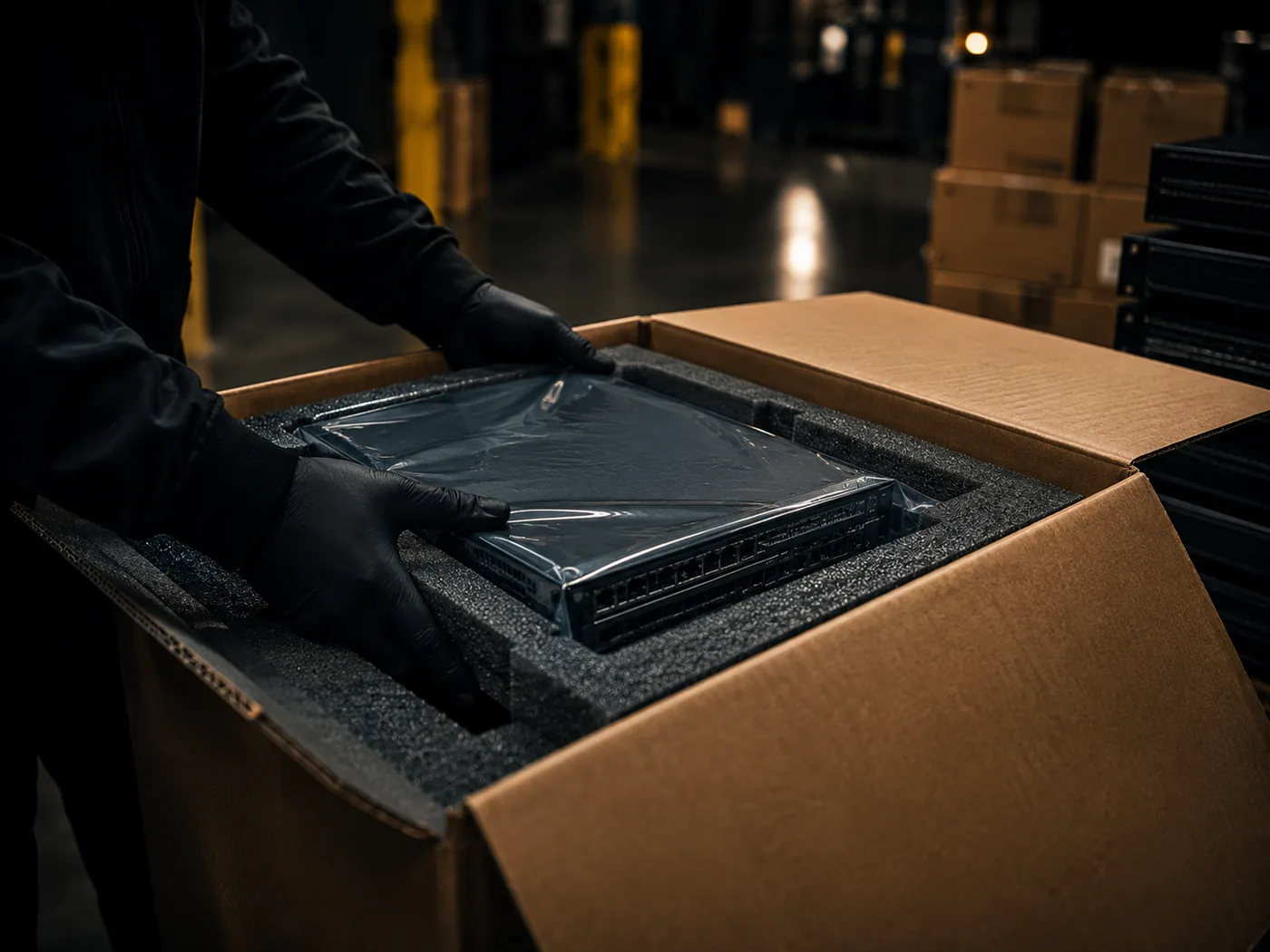 A Sekatron technician placing a network switch into protective foam packaging.